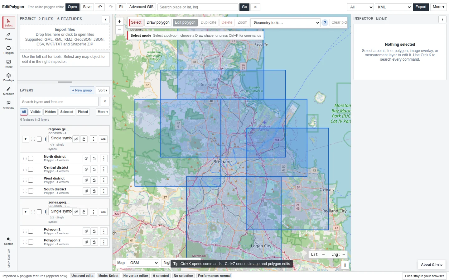 Current EditPolygon desktop workspace with project layers, map tools, map and Inspector