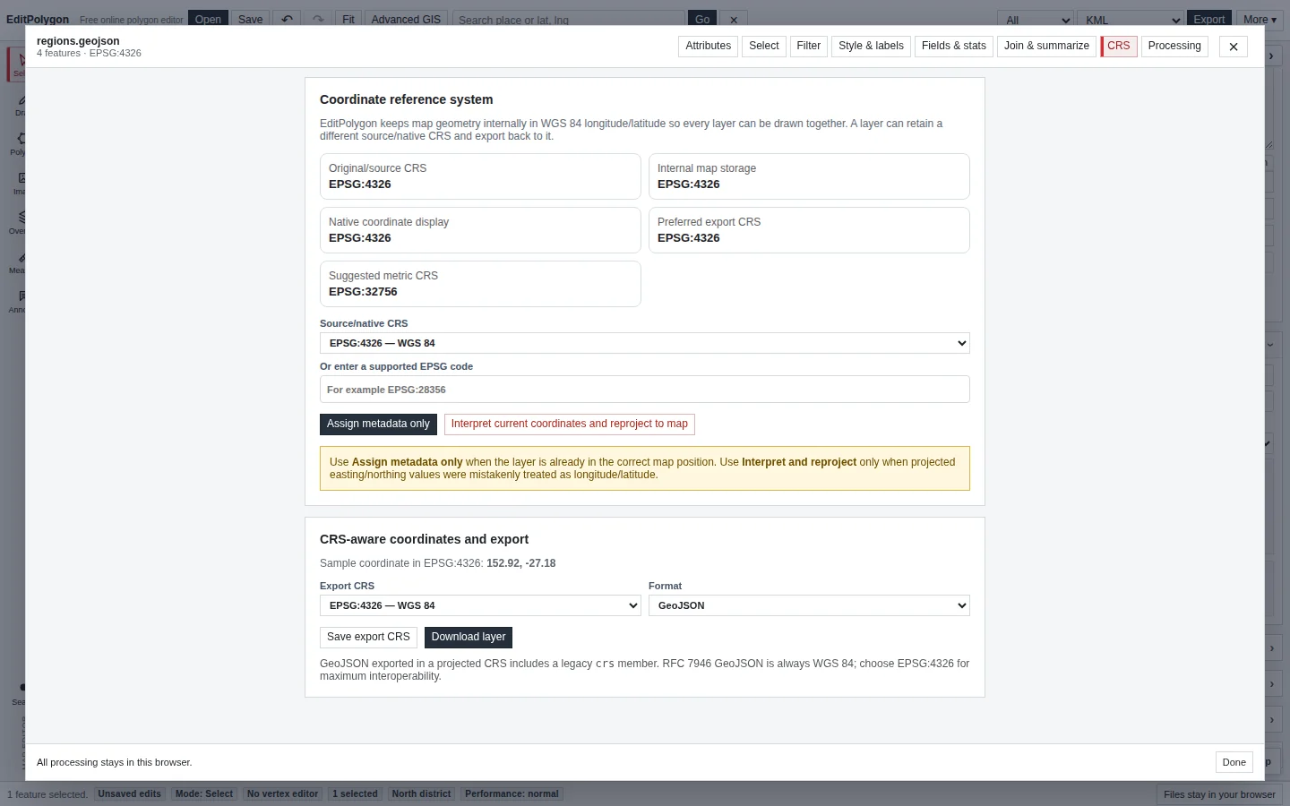 Current EditPolygon CRS tab showing source CRS, internal map storage and export controls