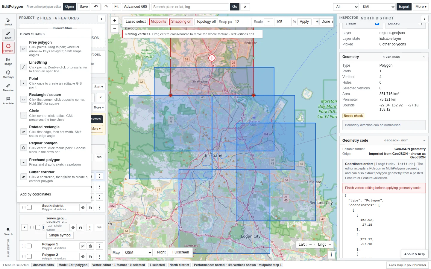 Current EditPolygon Draw tools flyout showing free polygon, point, rectangles, circle and other draw modes