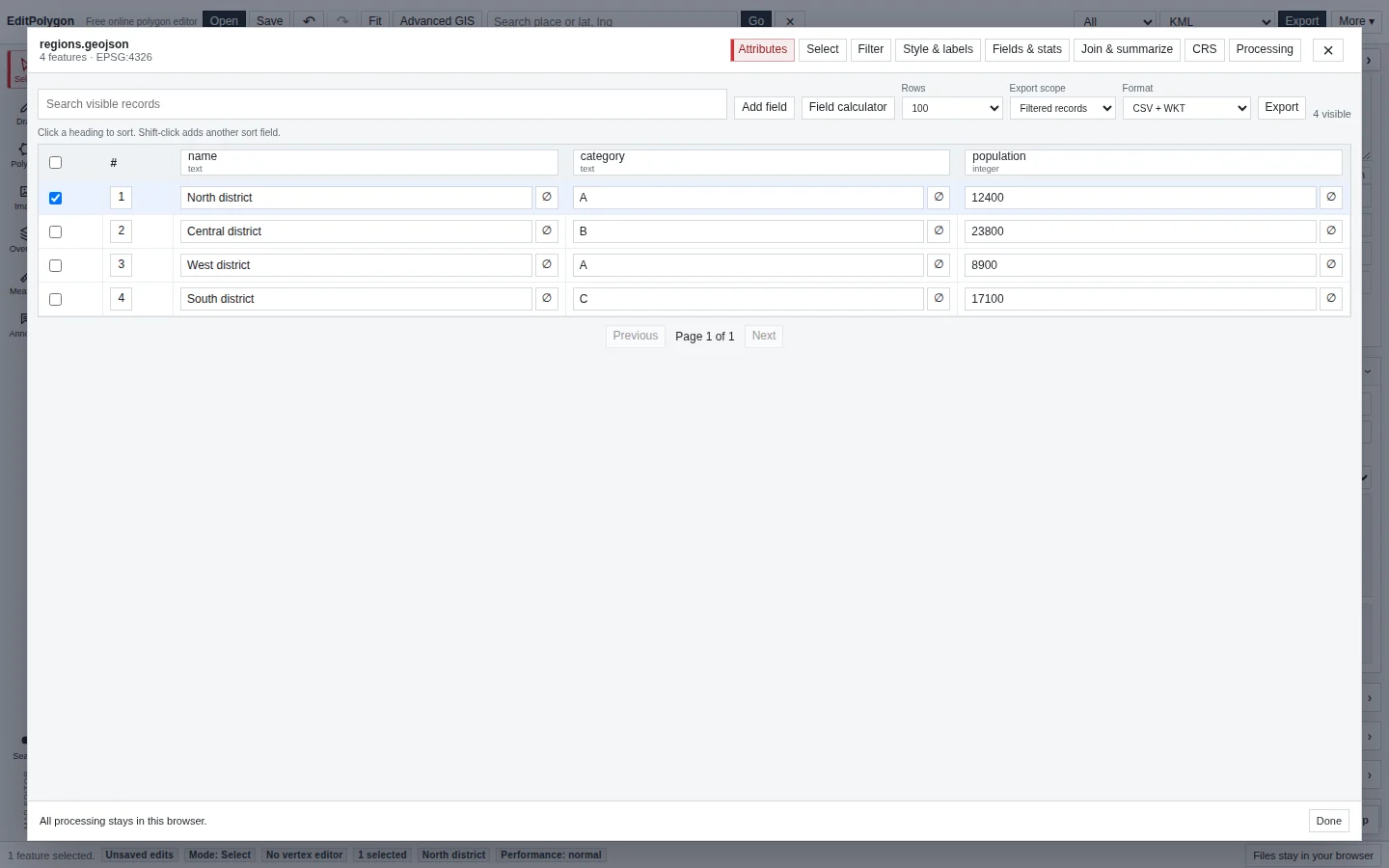 Current EditPolygon top export controls and data-table export format controls