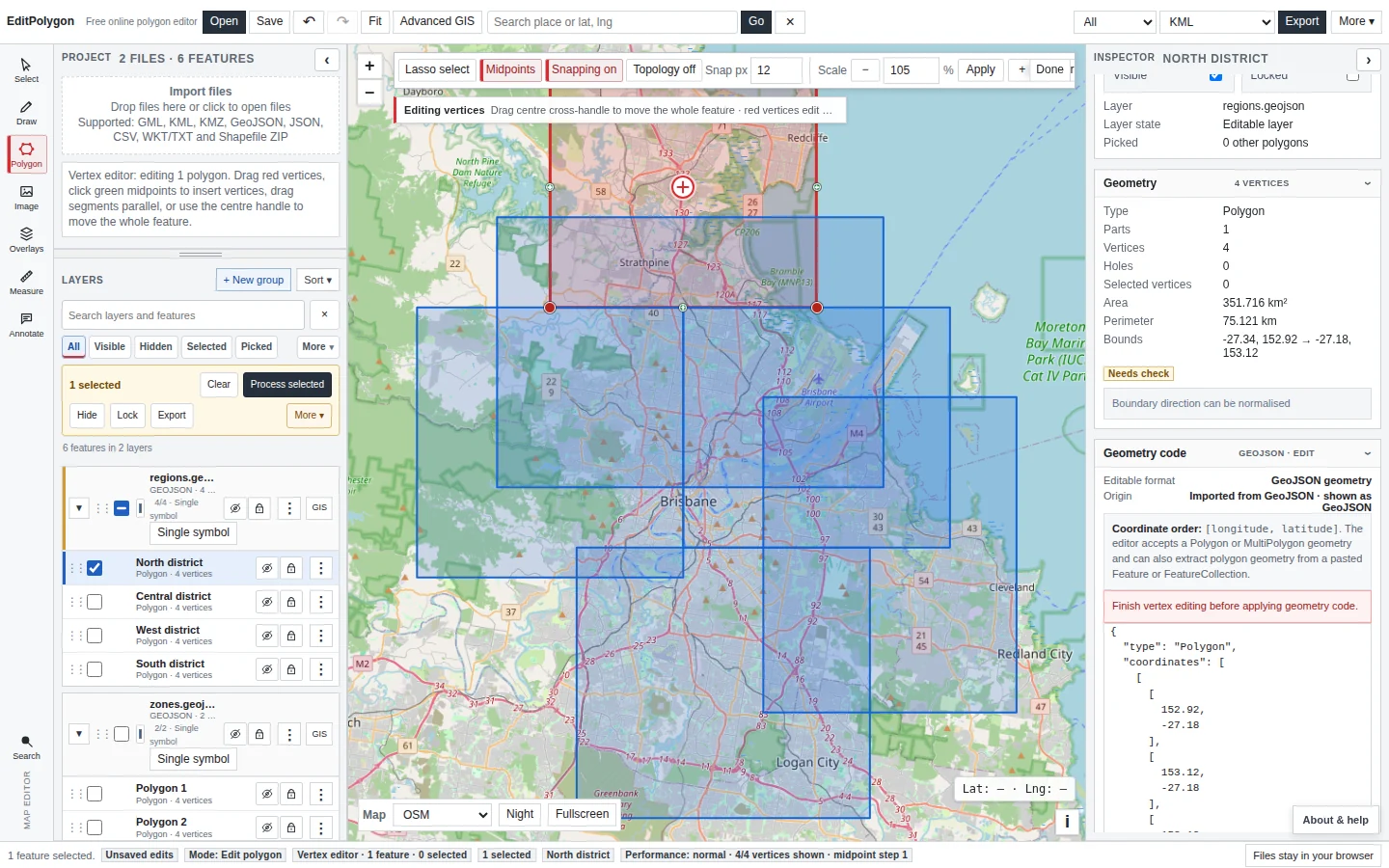 Current EditPolygon Geometry code editor showing an editable GeoJSON geometry object