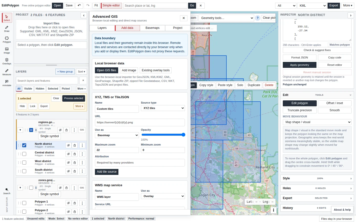 EditPolygon local import interface showing the supported local GIS file families