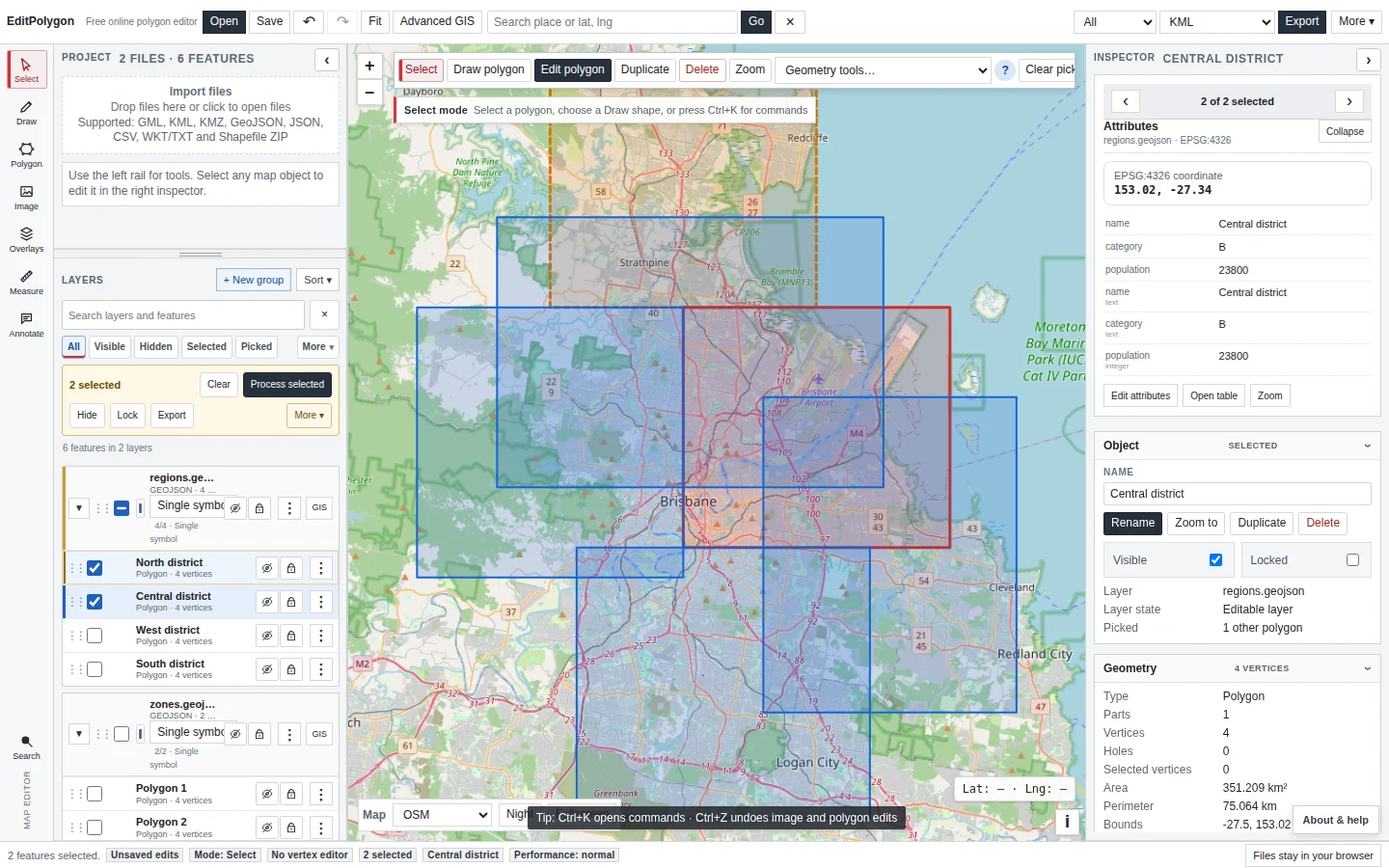 Current EditPolygon layer and selection interface with selected map features