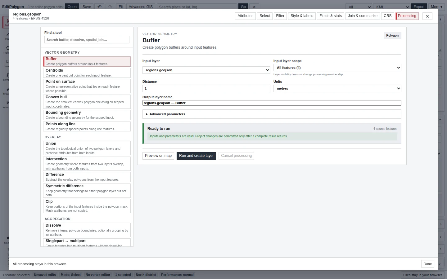 Current EditPolygon Processing Toolbox showing the tool catalogue, form and run controls