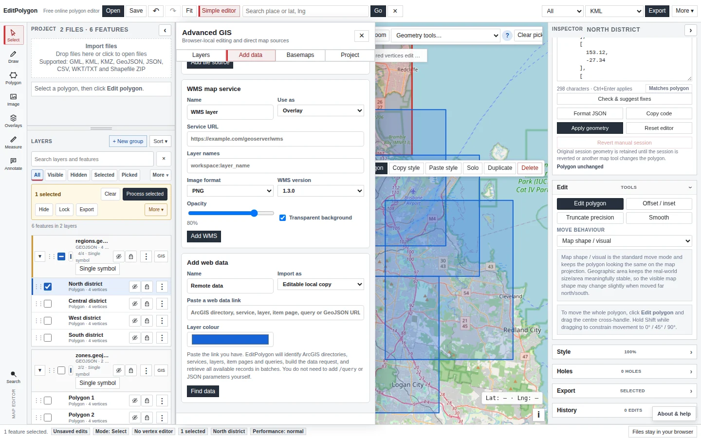 EditPolygon Advanced GIS Add data tab with local and remote data sections
