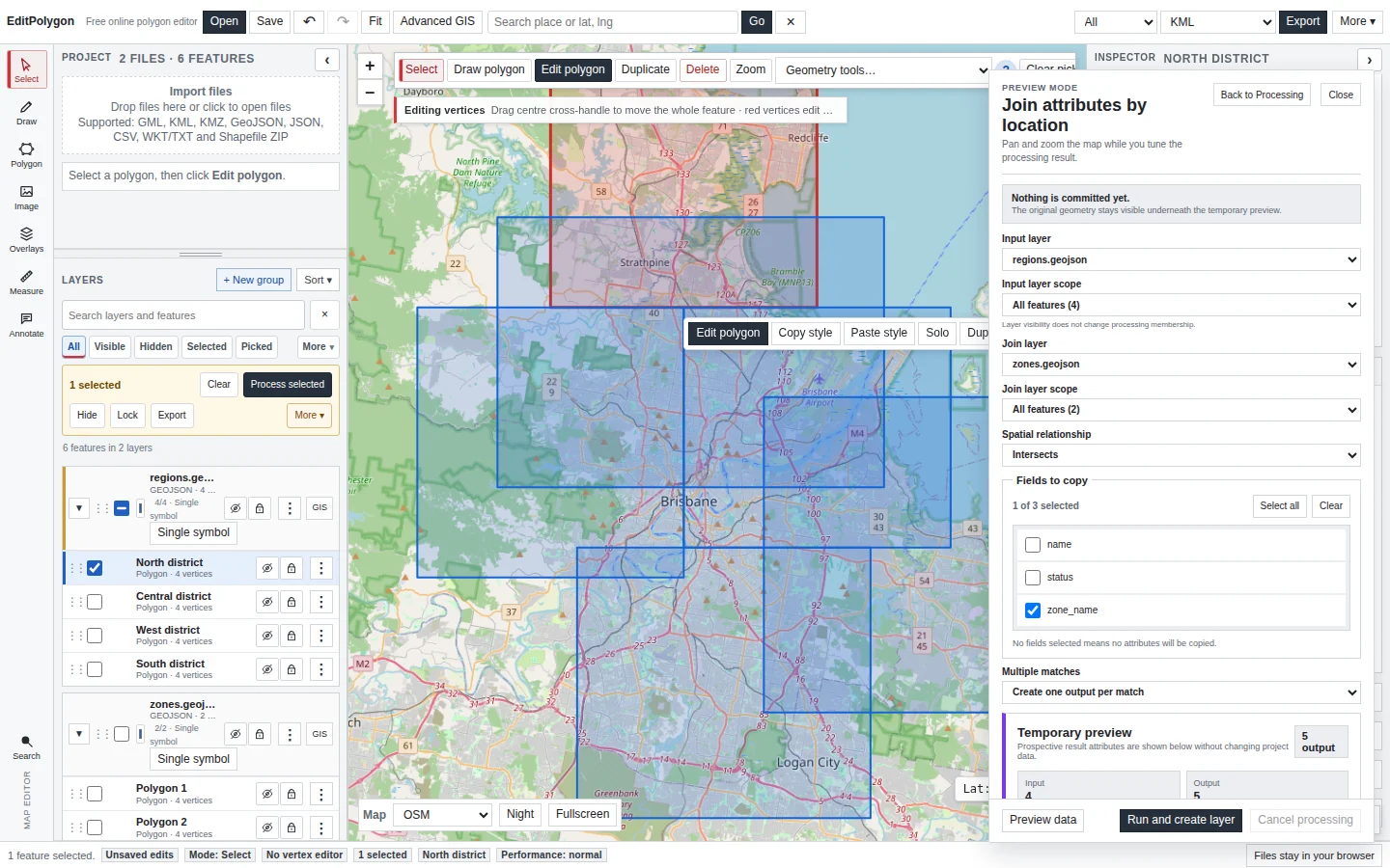 Current EditPolygon Join attributes by location form or data preview showing spatial matches