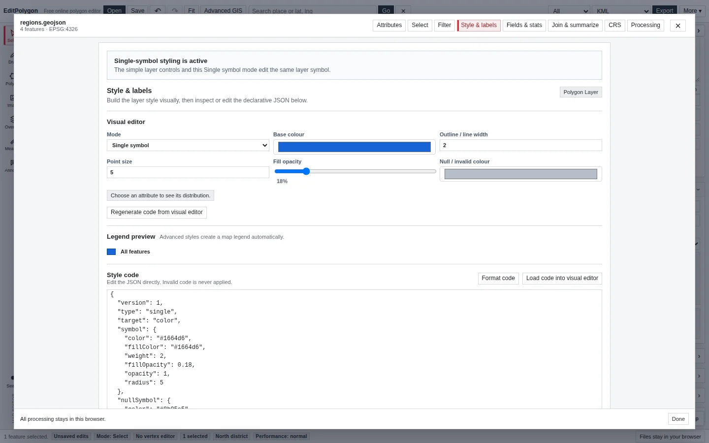 Current EditPolygon Style and labels tab with data-driven styling controls