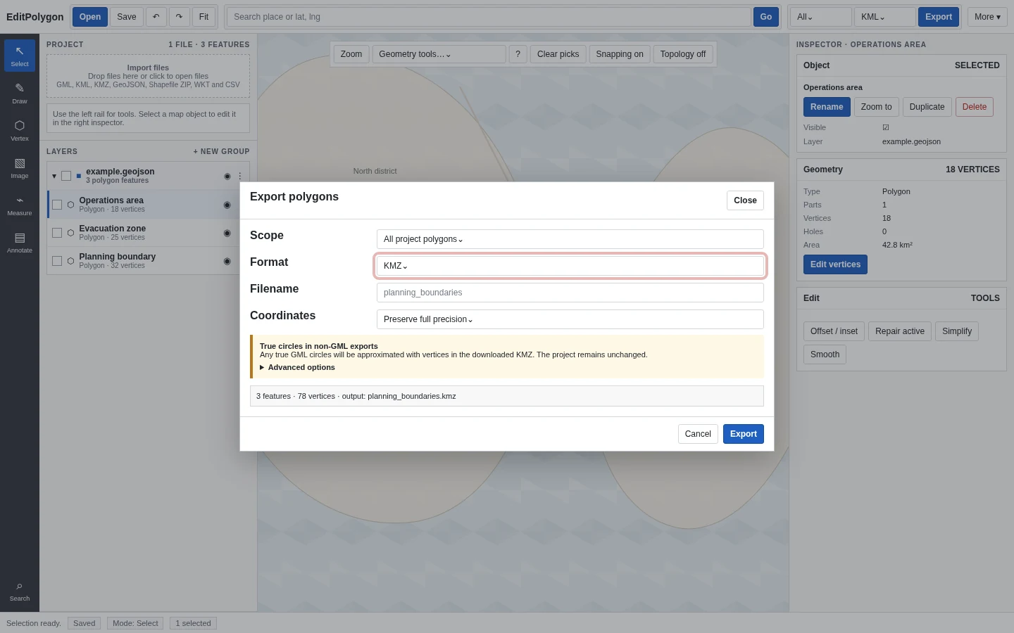 Export window showing scope, KMZ format, filename, precision and a true-circle conversion notice