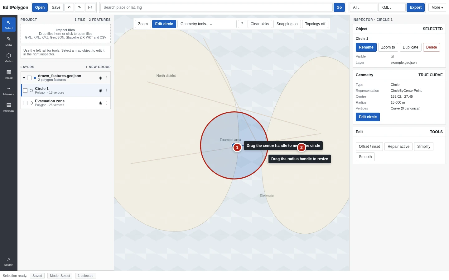 A true GML circle in Edit circle mode with a centre handle, radius handle and CircleByCenterPoint information