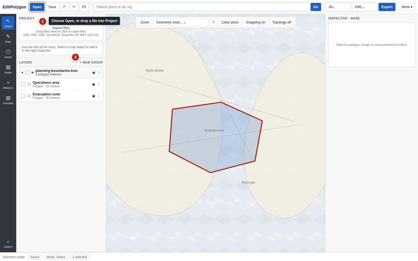 EditPolygon interface showing the Open button, Project import area, Layers list, map and Inspector