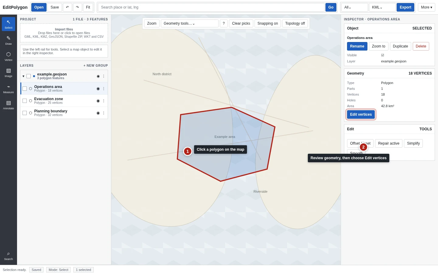 A polygon selected on the map with the corresponding layer row and Inspector panel active