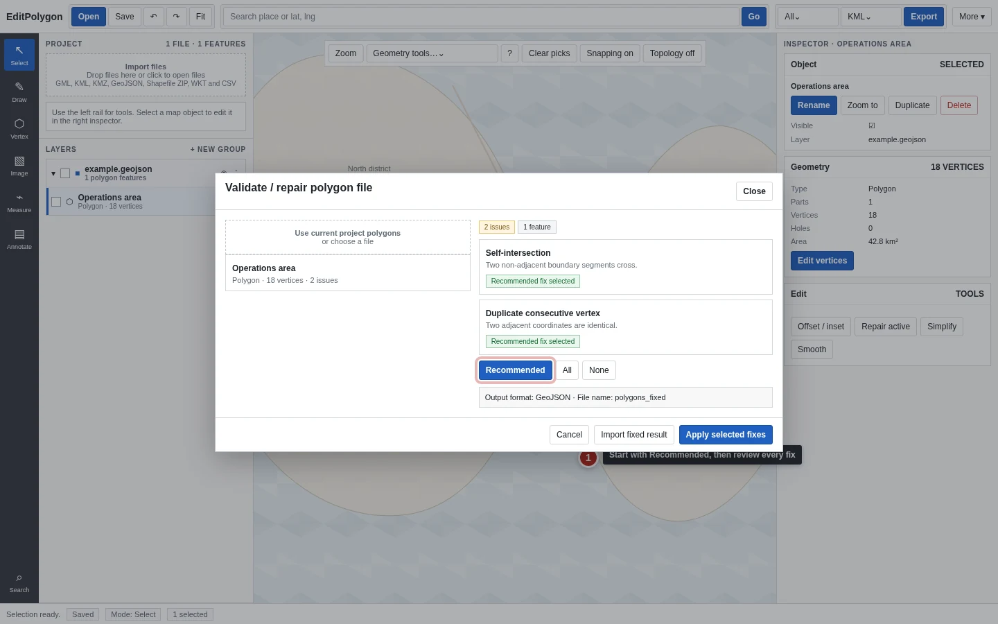 Validate and repair modal showing two geometry issues and recommended fixes