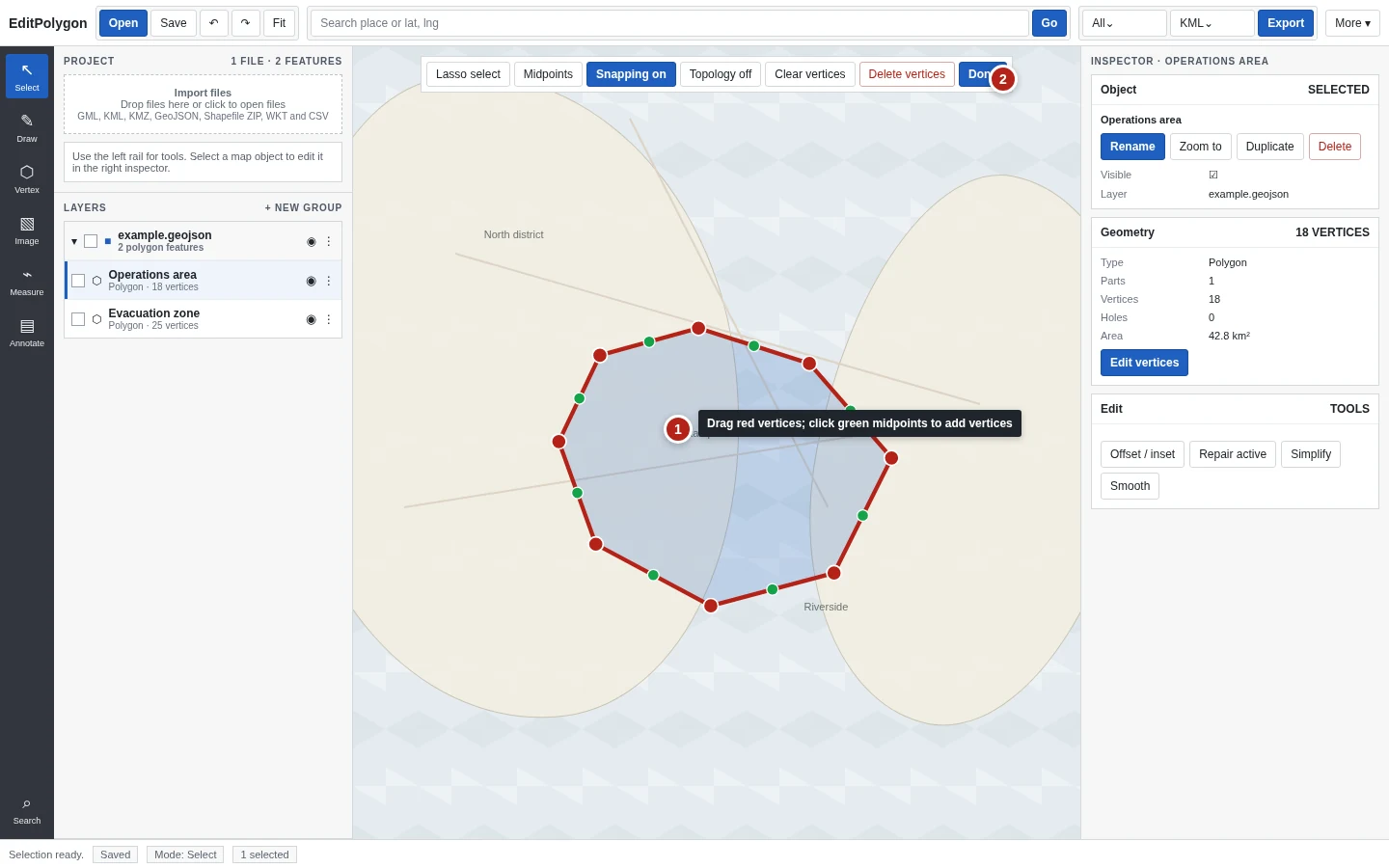 Polygon in vertex editing mode with red vertex handles, green midpoint handles and the vertex toolbar